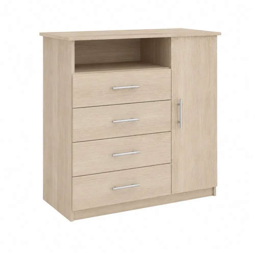 Aufbewahrungsschrank Kommode mit 4 Schubladen 1 Tür und offenem Fach melaminbeschichtete Spanplatte rechteckig Eiche hell Silber 90 x 40 x 100 cm