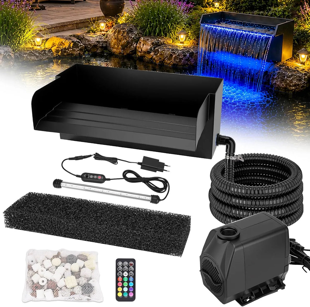 30 cm breiter Wasserfall aus Edelstahl 304 mit 45 W Pumpe und Filterbeutel, für Garten, All-in-One Teich Wasserfall Set mit LED-Beleuchtung