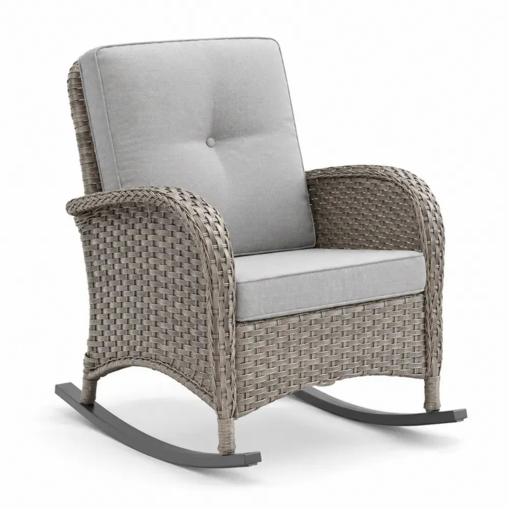 Schaukelstuhl Gartenstuhl mit PE Rattan Stahlkufen Polyesterkissen rechteckig Taupe Grau Anthrazit 75 x 90 x 95 cm