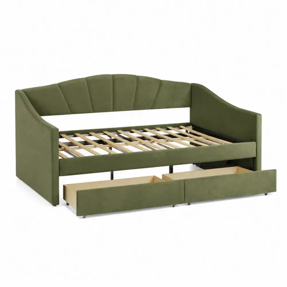 Tagesbett Schlafsofa mit 2 Schubladen 213 x 96 x 86 cm Polyester-Samt MDF Massivholz rechteckig Olivgrün Naturholz Schwarz