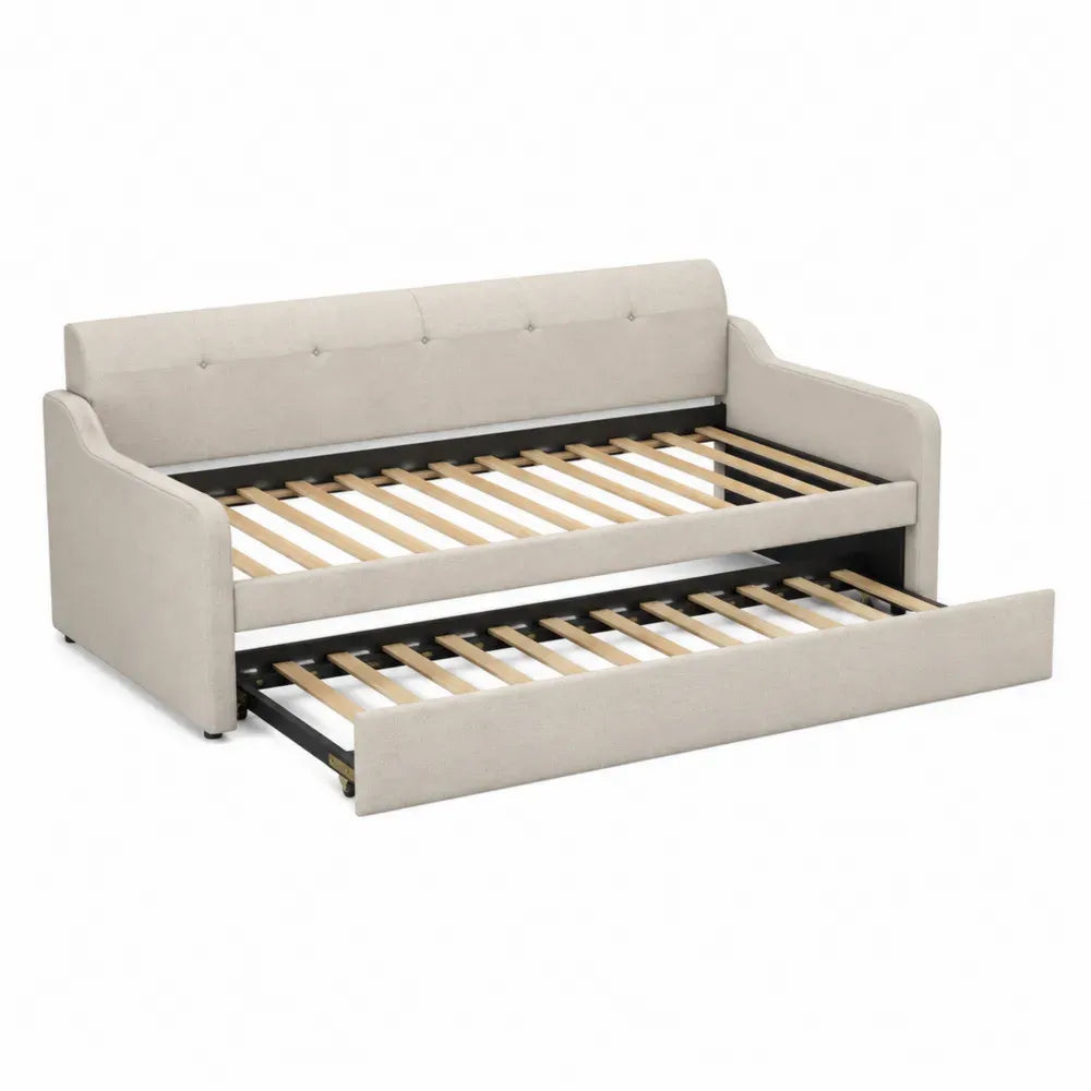 Tagesbett Ausziehbett mit Rollbett und Lattenrost 90 x 200 cm Polyestergewebe MDF Stahl Beige Natur Schwarz 214 x 98 x 86 cm