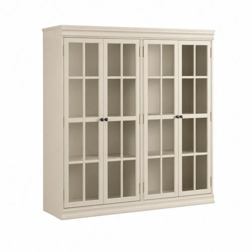 Vitrine Aufbewahrungsschrank mit 4 Glastüren 160 x 40 x 160 cm MDF gehärtetes Glas rechteckig Cremeweiß Schwarz Messingfarben Transparent