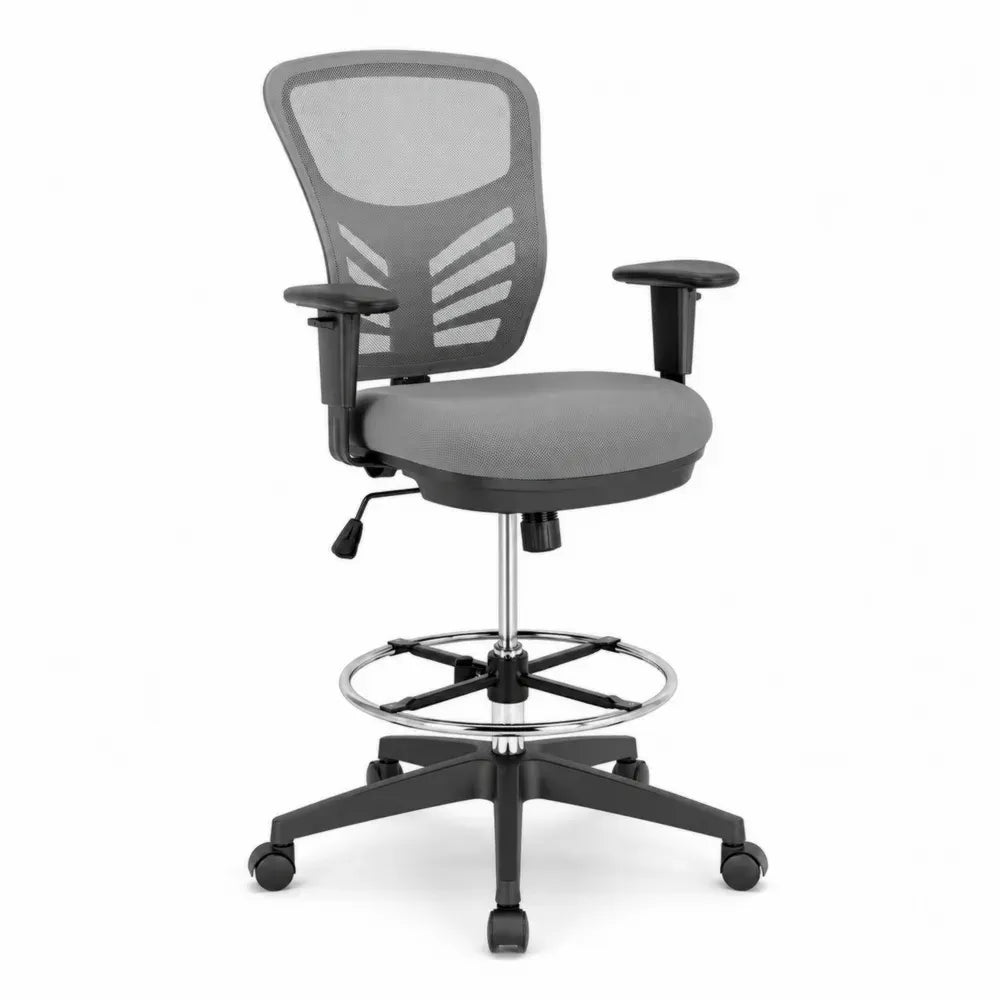 Bürostuhl Arbeitsstuhl drehbar mit Fußring Armlehnen Netzrücken Polyestergewebe verchromter Stahl Nylon Grau Schwarz 64 x 62 x 102 bis 122 cm